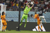 Goalkeeper Andries Noppert of the Netherlands catches the ball during the World Cup group A soccer match between the Netherlands and Ecuador at the Khalifa International Stadium in Doha, Qatar, Friday, Nov. 25, 2022. (AP Photo/Darko Vojinovic)