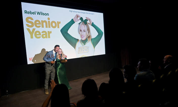 Filmmaker Alex Hardcastle and Rebel Wilson share some words before the film&#x002019;s debut. - Credit: Vivien Killilea/Getty Images