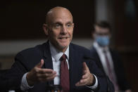 Dr. Stephen Hahn, commissioner of the U.S. Food and Drug Administration, testifies during a Senate Senate Health, Education, Labor, and Pensions Committee Hearing on the federal government response to COVID-19 on Capitol Hill Wednesday, Sept. 23, 2020, in Washington. (Graeme Jennings/Pool via AP)