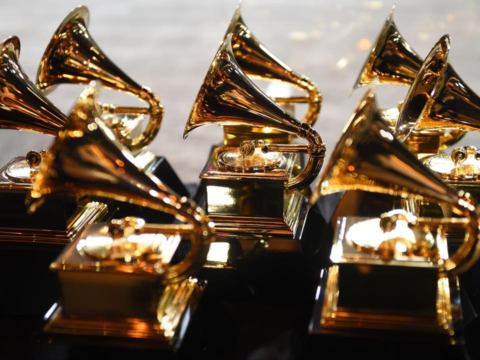 Grammy trophies during the 60th Annual Grammy Awards on 28 January 2018, in New York (DON EMMERT/AFP via Getty Images)