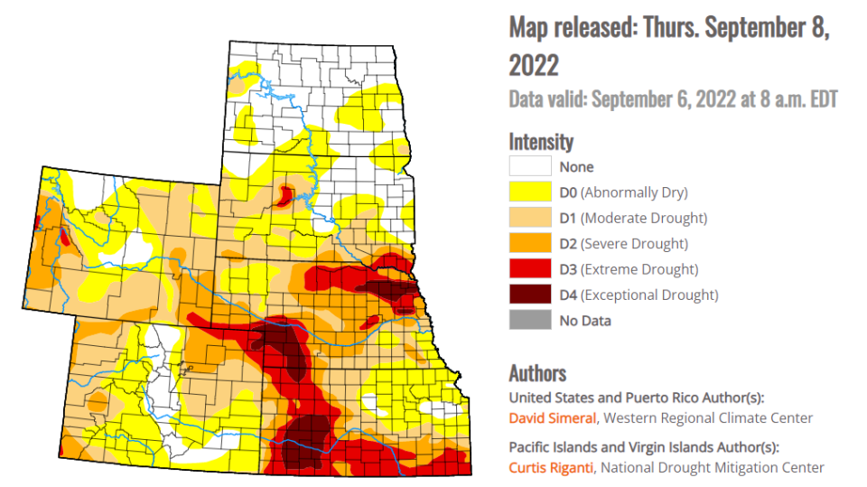 The drought monitor map for the High Plains was released Thursday, Sept. 8, 2022.