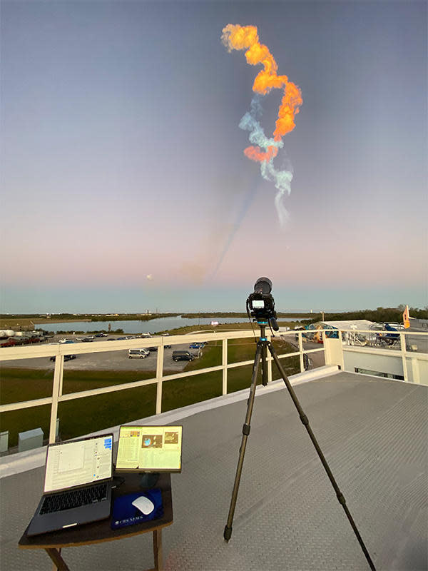 Climbing into the glare of the setting sun, the Falcon Heavy put on a spectacular show as seen from the roof of the CBS News bureau at the Kennedy Space Center. / Credit: William Harwood/CBS News