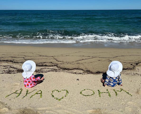 <p>Hilary Swank Instagram</p> Aya and Ohm on a beach as their mom reveals their names.