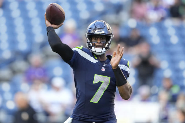 Seattle Seahawks quarterback Drew Lock (2) warms up before an NFL