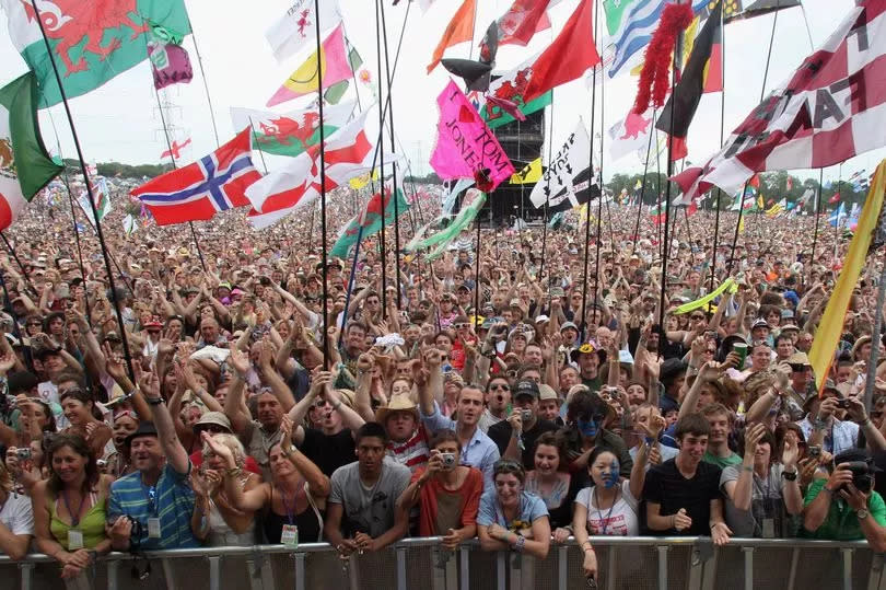 Crowds at the main Pyramid Stage at the Glastonbury Festival at Worthy Farm