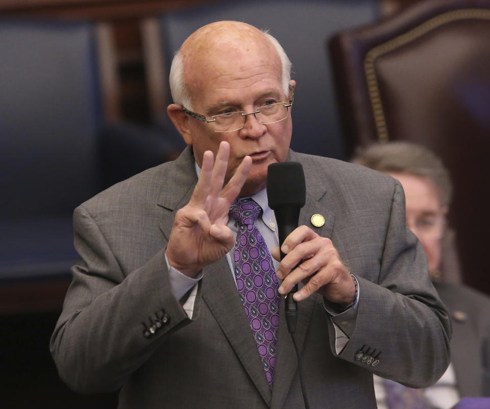 State Sen. Dennis Baxley, R-Ocala, speaks about a bill to allow teachers to be armed during a legislative session Wednesday April 17, 2019, in Tallahassee, Fla. (AP Photo/Steve Cannon)