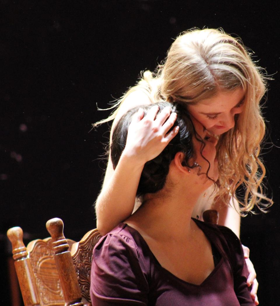Jo (Layla xxx) is hugged by her sister Beth (Hannah Galambos) in this rehearsal scene from "Little Women," ACU's winter drama.