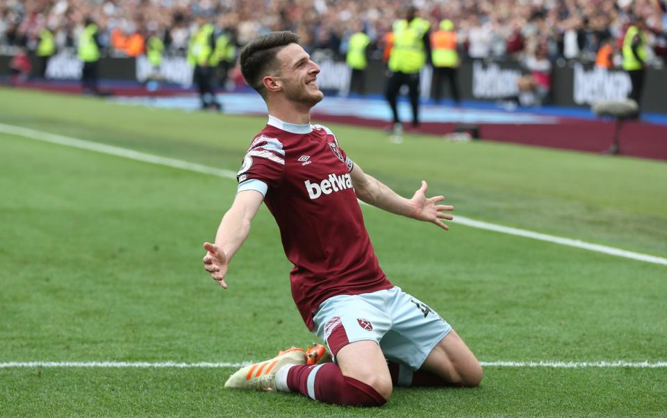 West Ham United's Declan Rice celebrates scoring his side's first goal during the Premier League match between West Ham United and Leeds United at London Stadium on May 21, 2023 in London, United Kingdom