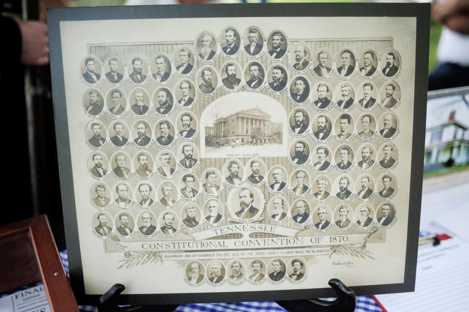 A portrait poster of the Tennessee Constitutional Convention in 1870 is seen during a 225th birthday celebration at Blount Mansion in Knoxville on June 1, 2021.