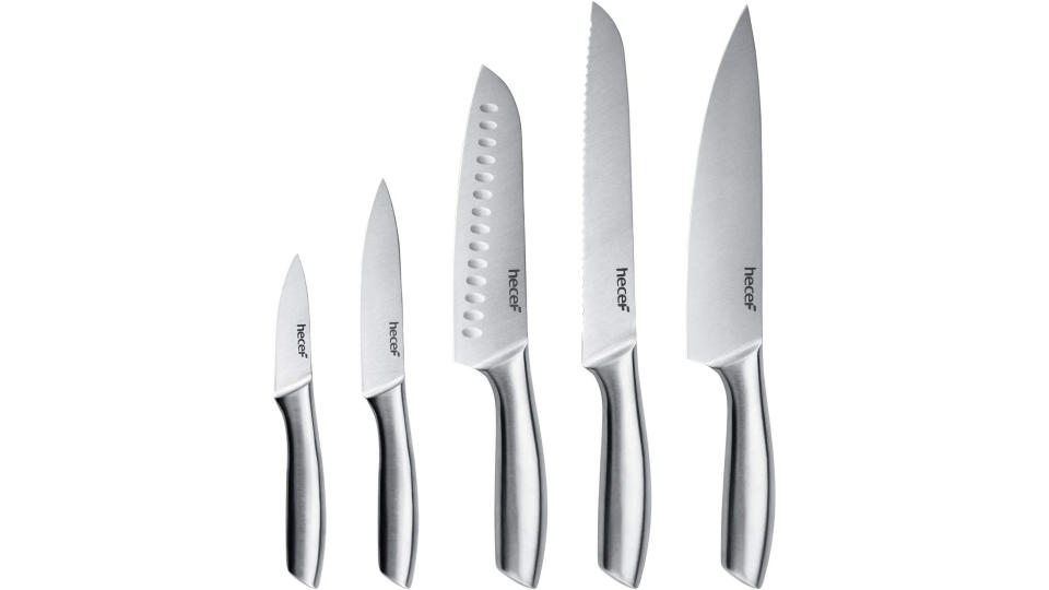 hecef Silver Kitchen Knife Set of 5, Satin Finish Blade with Hollow Handle, Includes 8