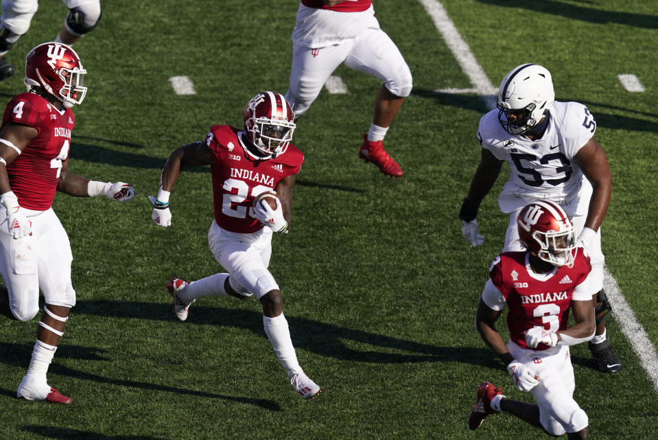 Indiana's Jaylin Williams (23) runs back in interception during the first half of an NCCAA college football game against Penn State, Saturday, Oct. 24, 2020, in Bloomington, Ind. (AP Photo/Darron Cummings)