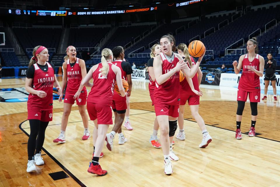 Mar 28, 2024; Albany, NY, USA; The Indiana Hoosiers shoot layups during practice prior to their NCAA Tournament Sweet 16 game at MVP Arena.