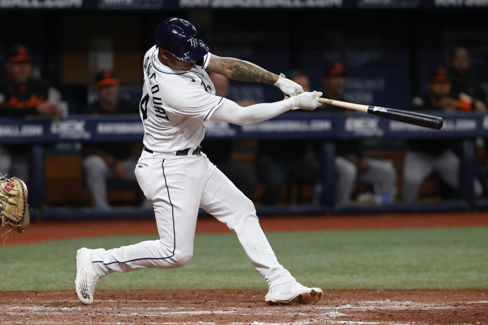 Tampa Bay Rays' Christian Bethancourt hits a two-run home run against the Baltimore Orioles during the sixth inning of a baseball game Friday, July 15, 2022, in St. Petersburg, Fla. (AP Photo/Scott Audette)