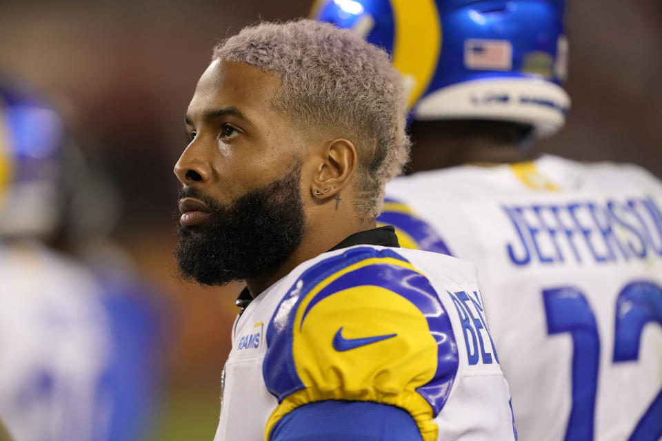 Los Angeles Rams wide receiver Odell Beckham Jr. watches from the sideline during the second half of an NFL football game against the San Francisco 49ers in Santa Clara, Calif., Monday, Nov. 15, 2021. (AP Photo/Tony Avelar)