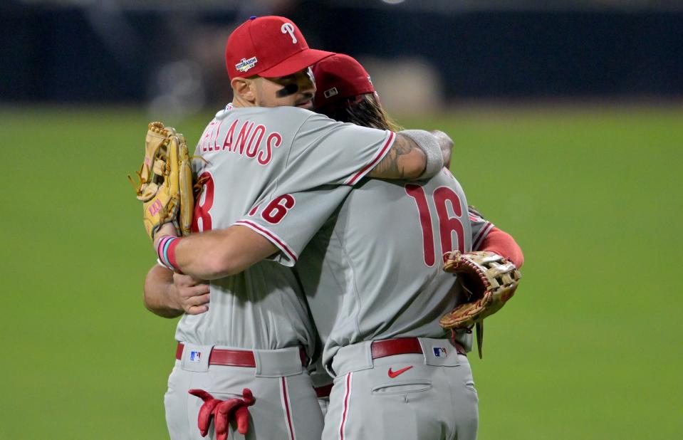 Phillies players celebrate the Game 1 win on Tuesday.