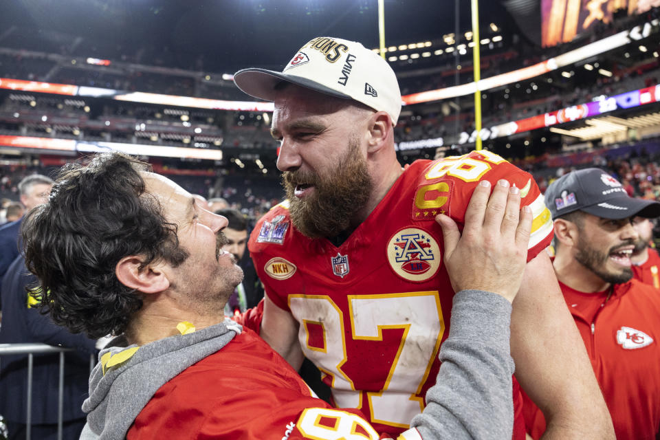 LAS VEGAS, NEVADA - FEBRUARY 11: Travis Kelce #87 of the Kansas City Chiefs celebrates with Actor Paul Rudd following the NFL Super Bowl 58 football game between the San Francisco 49ers and the Kansas City Chiefs at Allegiant Stadium on February 11, 2024 in Las Vegas, Nevada. (Photo by Michael Owens/Getty Images)