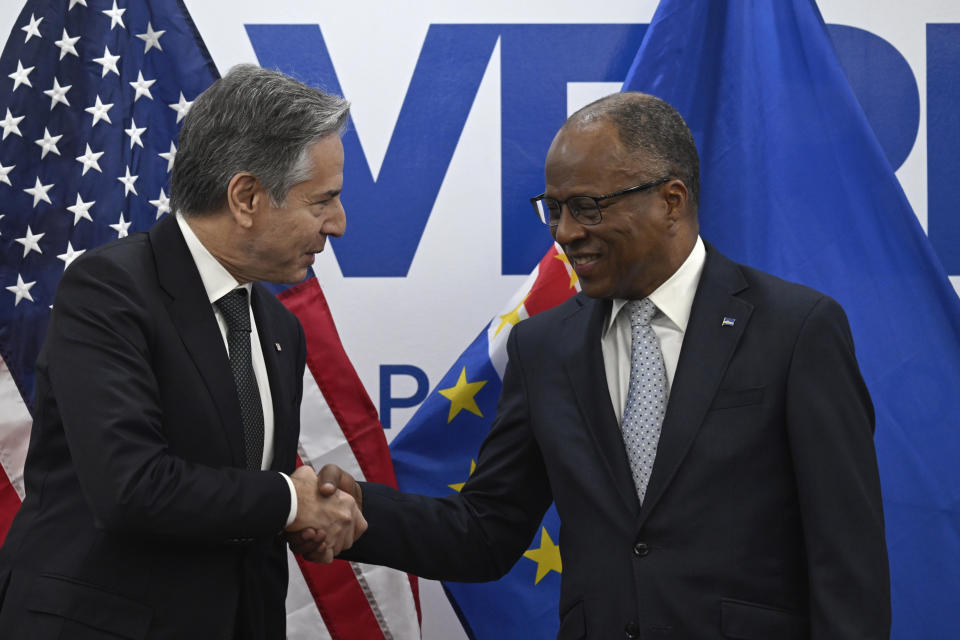 US Secretary of State Antony Blinken, left, shakes hands with Cape Verde Prime Minister Ulisses Correia e Silva, at the Government Palace in Praia, Cape Verde, Monday, Jan. 22, 2024. (Andrew Caballero-Reynolds/Pool Photo via AP)