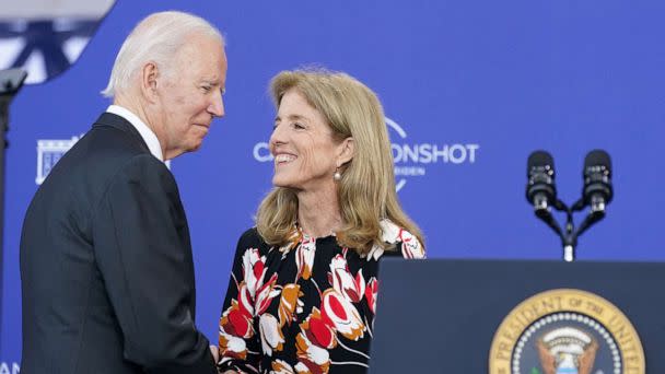 PHOTO: President Joe Biden is greeted by President John F. Kennedy's daughter Caroline Kennedy as he arrives to deliver a speech on his 'Cancer Moonshot' initiative at the John F. Kennedy Library and Museum in Boston, Sept. 12, 2022.  (Kevin Lamarque/Reuters)