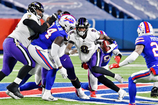 Baltimore Ravens at Buffalo Bills, NFL Divisional Playoffs, Bills Stadium,  AFC, January 16, 2021, Lamar Jackson, Interception