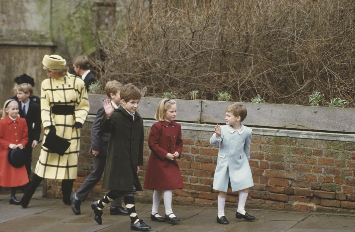 Diana, Princess of Wales  (1961 - 1997) leaving St George's Chapel in Windsor with Lady Rose Windsor, Lord Frederick Windsor, Peter and Zara Phillips and Prince William on Christmas Day, 25th December 1987.   (Photo by Terry Fincher/Princess Diana Archive/Getty Images)