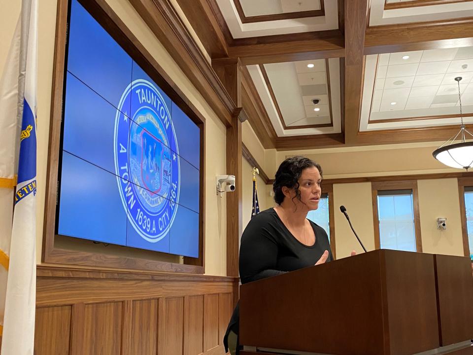 Kyra Fernandez, owner of HTC Trinity, expresses her frustrations to Taunton City Council on July 13, 2021.