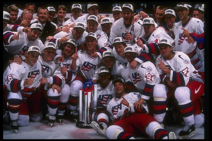 14 Sep 1996: United States team photo taken after Game Three of the World Cup Finals against Canada at the Molson Center in Montreal, Quebec. USA won the game, 5-2. Mandatory Credit: Rick Stewart /Allsport