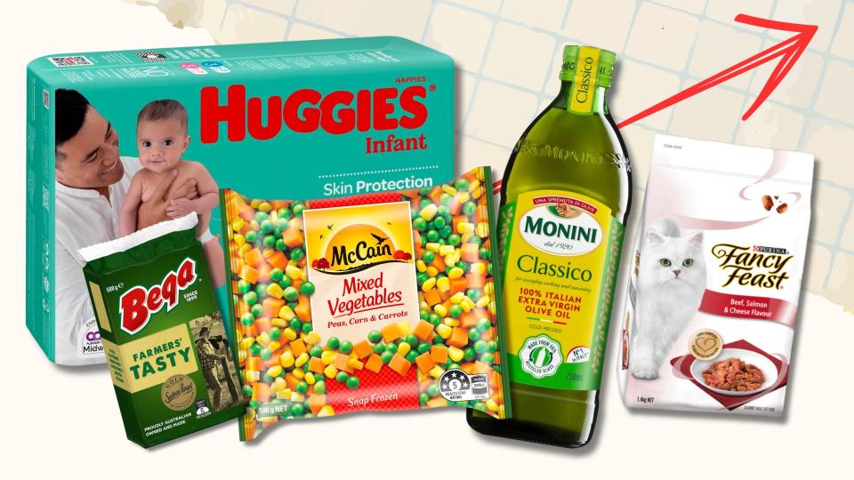Grocery composite image showing tasty cheese, Huggies nappies, McCain frozen vegetables, olive oil and cat food. 
