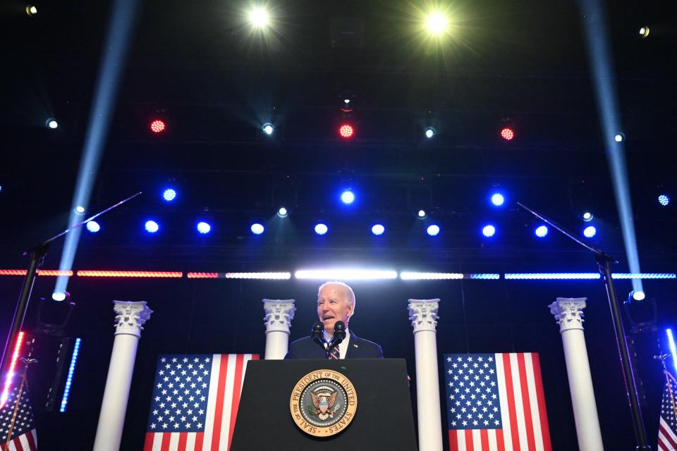 US President Joe Biden arrives with First Lady Jill Biden to speak at Montgomery County Community College in Blue Bell, Pennsylvania, on January 5, 2024. Biden's speech comes ahead of the third anniversary of the assault on the US Capitol. (Photo by Mandel NGAN / AFP) (Photo by MANDEL NGAN/AFP via Getty Images) ORIG FILE ID: 1903200473