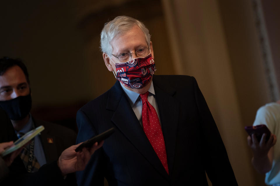 Senate Majority Leader Senator Mitch McConnell (R-KY) walks to his office on Capitol Hill on July 30, 2020, in Washington, DC. (Brendan Smialowski/AFP via Getty Images)