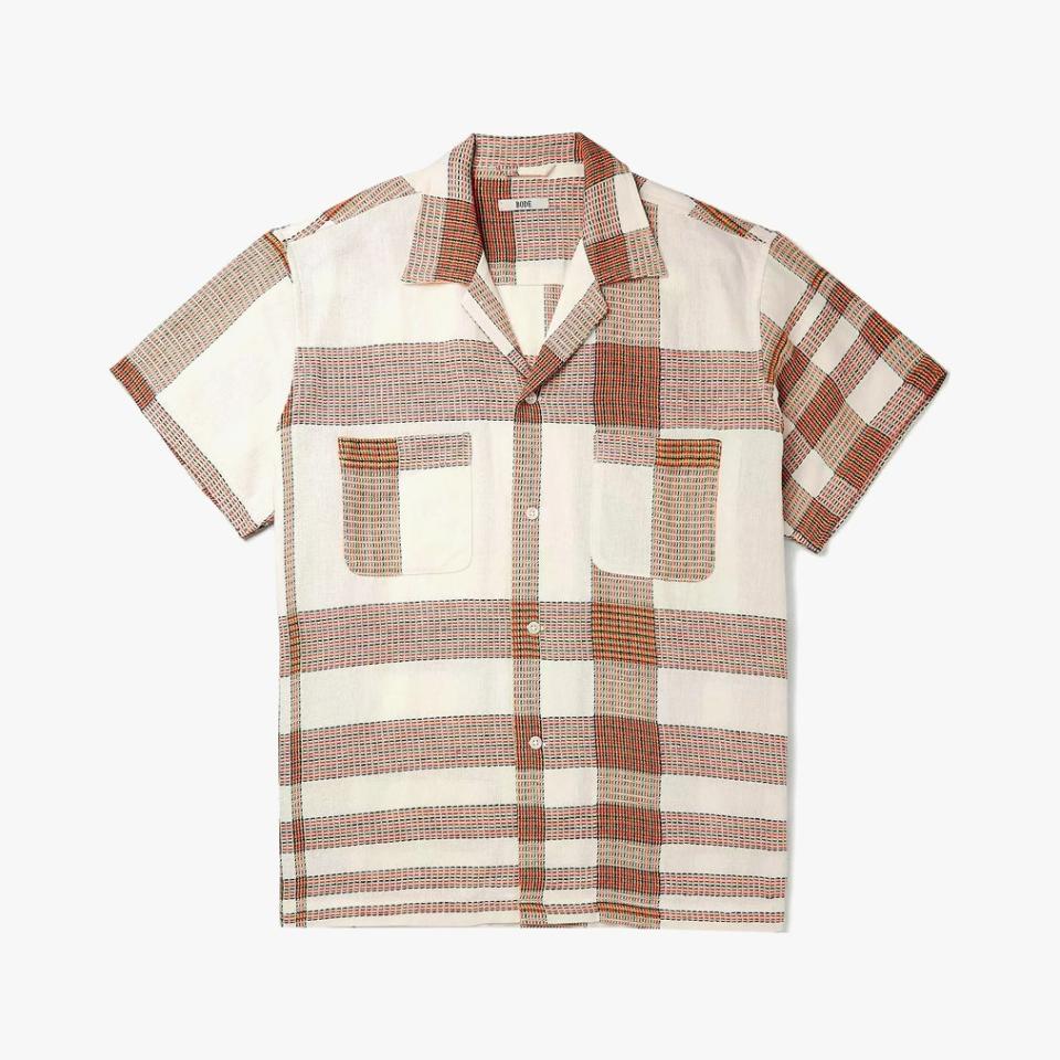 Bode camp-collar checked embroidered linen and cotton-blend shirt