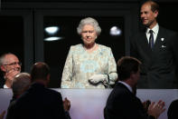 LONDON, ENGLAND - AUGUST 29: (L-R) Queen Elizabeth II and Prince Edward, Earl of Wessex look on during the Opening Ceremony of the London 2012 Paralympics at the Olympic Stadium on August 29, 2012 in London, England. (Photo by Dan Kitwood/Getty Images)