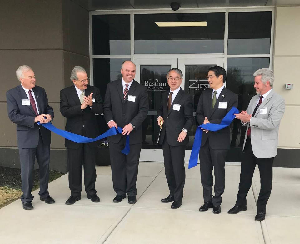 Westfield Mayor Andy Cook, Indiana Secretary of Commerce Jim Schellinger and Japanese Consulate General Naoki Ito joined Bastian Solutions officials and Toyota Advanced Logistics at the grand opening of Bastian Solutions in Westfield, Wednesday April 17, 2019.