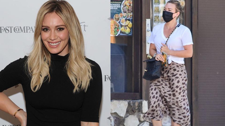 Hilary Duff was spotted wearing a $590 animal print skirt by Anine Bing. Images via Getty Images.