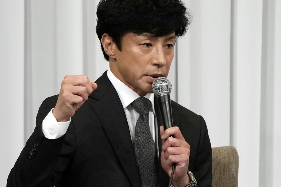 Noriyuki Higashiyama, new president of entertainment company Johnny & Associates Inc., attends a press conference Thursday, Sept. 7, 2023, in Tokyo. The powerful Japanese entertainment company tarnished by sexual assault allegations of its late founder Johnny Kitagawa appointed on Thursday one of its own stars as its new president.(AP Photo/Eugene Hoshiko)