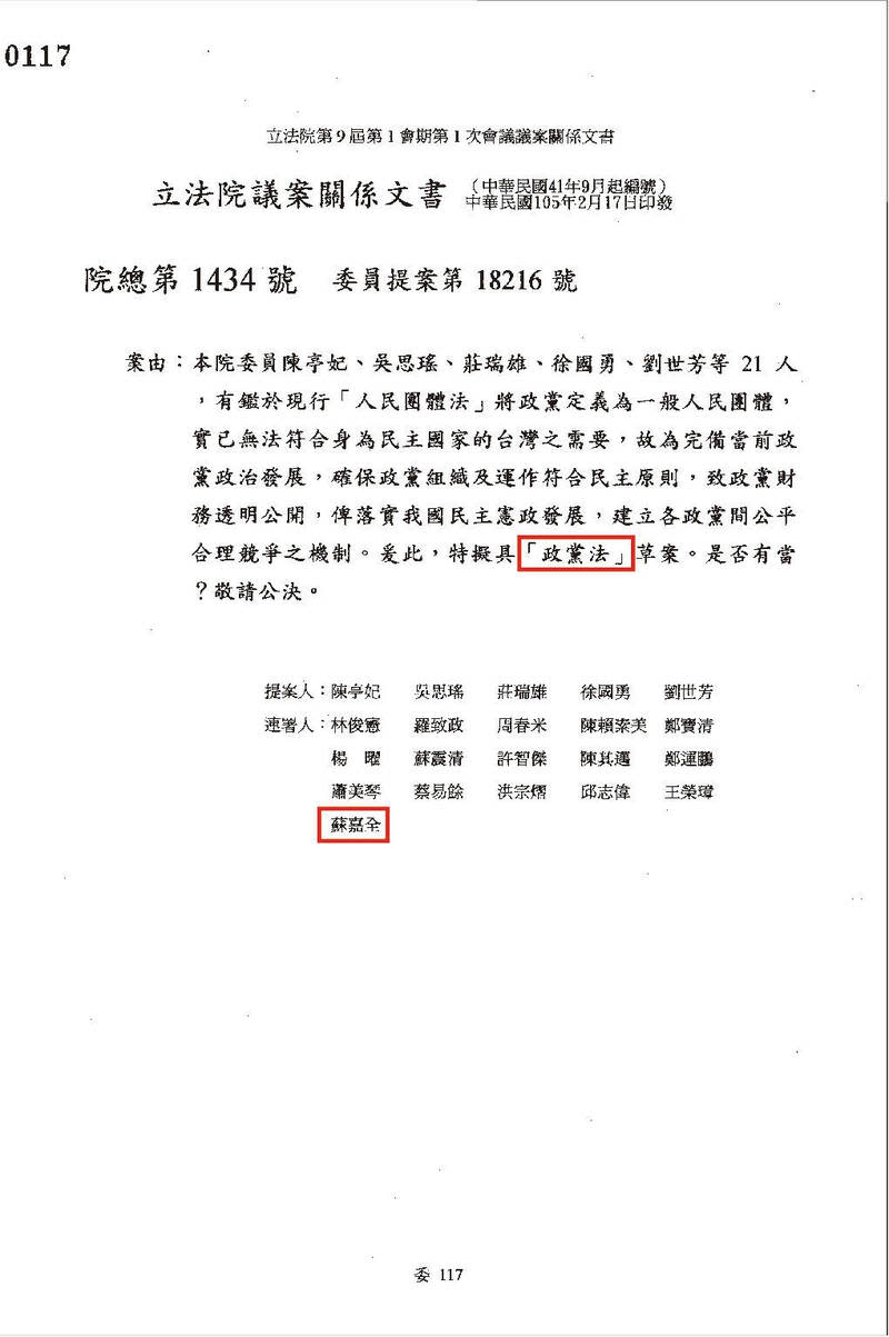 傅崐萁秀出證據指前立法院長蘇嘉全參與｢政黨法草案｣的連署人。(圖／立法院國民黨團提供)