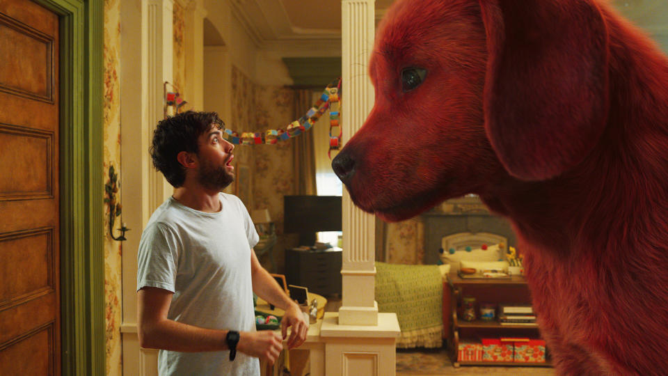 Jack Whitehall comes face to face with the enormous pooch in 'Clifford the Big Red Dog'. (Paramount Pictures/eOne)