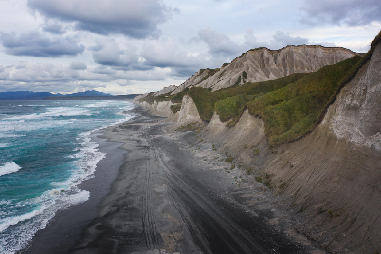 SOUTH KURIL ISLAND, RUSSIA - MARCH 16: An aerial view of South Kuril Islands and coastline in Kamchatka region, Russia on March 16, 2022. The South Kuril Islands, stretching approximately 1,300 km northeast from Hokkaido in Japan to Kamchatka Peninsula in Russia separating the Sea of Okhotsk from the north Pacific Ocean, are interesting tourism spots in the country. (Photo by Natalia Zakharova/Anadolu Agency via Getty Images)