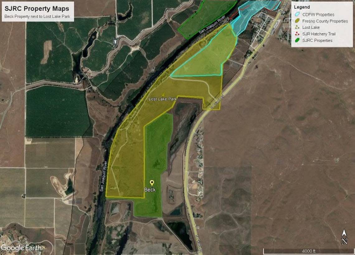 Beck Ranch (outlined in dark green) is shown in relation to Lost Lake Park (outlined in light green) and the San Joaquin River near Friant, California. Beck Ranch is no longer mined for gravel and belongs to the San Joaquin River Parkway.