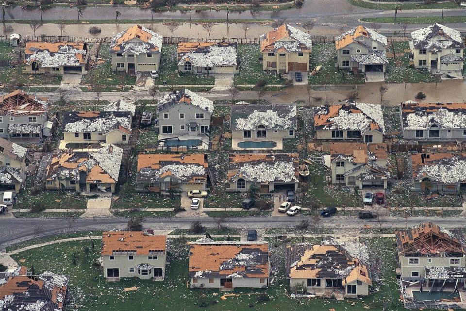 In August 1992, Hurricane Andrew hit South Florida with sustained winds as high as 165 mph. <a href="https://newsroom.ap.org/detail/HurricaneSeasonLastingScars/406864aad9464e8fb0bb0d45c18210ef/photo" rel="nofollow noopener" target="_blank" data-ylk="slk:AP Photo/Mark Foley;elm:context_link;itc:0;sec:content-canvas" class="link ">AP Photo/Mark Foley</a>