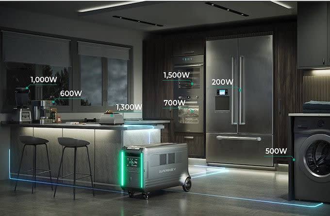 Superbase V plug-and-play energy storage system single-handedly powers all the appliances in a contemporary kitchen setting.