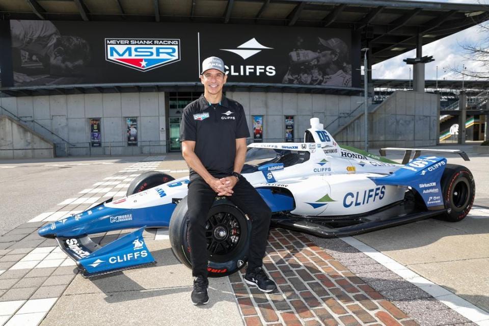 Helio Castroneves unveiled his Indianapolis 500 livery Monday at the Indianapolis Motor Speedway as he prepares to begin his new role this year as a minority owner in Meyer Shank Racing and a 500-only driver.