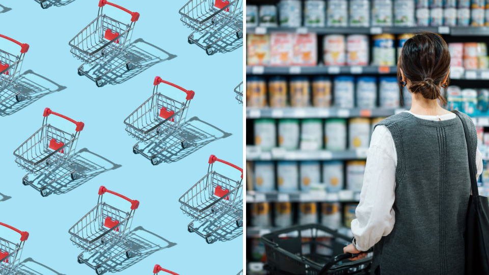 Image of shopping trolleys on blue background, woman looks at shelves in supermarket.