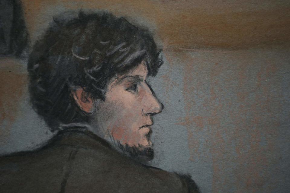 A courtroom sketch shows accused Boston Marathon bomber Dzhokhar Tsarnaev in court on the second day of his trial at the federal courthouse in Boston, Massachusetts March 5, 2015. Tsarnaev, 21, has admitted through his attorneys that he and his older brother carried out the April 15, 2013, bombing that killed three people and injured 264. REUTERS/Jane Flavell Collins (UNITED STATES - Tags: CRIME LAW) ATTENTION EDITORS - NO SALES. NO ARCHIVES. FOR EDITORIAL USE ONLY. NOT FOR SALE FOR MARKETING OR ADVERTISING CAMPAIGNS. THIS IMAGE HAS BEEN SUPPLIED BY A THIRD PARTY. IT IS DISTRIBUTED, EXACTLY AS RECEIVED BY REUTERS, AS A SERVICE TO CLIENTS