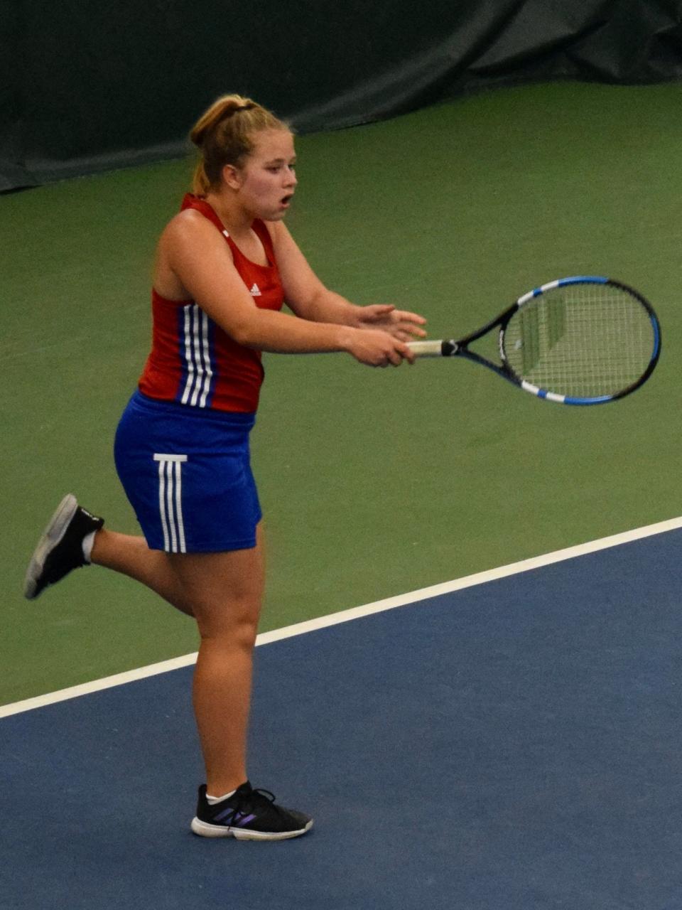 Martinsville senior Katherine Fulkerson fires a backhand shot during her No.1 singles loss to Bedford North Lawrence senior Rachel Kidd in sectional action. (Seth Tow/Herald-Times)