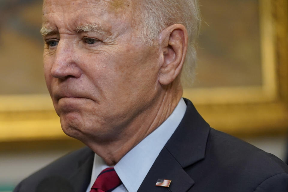 President Joe Biden pauses while speaking about border security in the Roosevelt Room of the White House, Thursday, Jan. 5, 2023, in Washington. (AP Photo/Patrick Semansky)