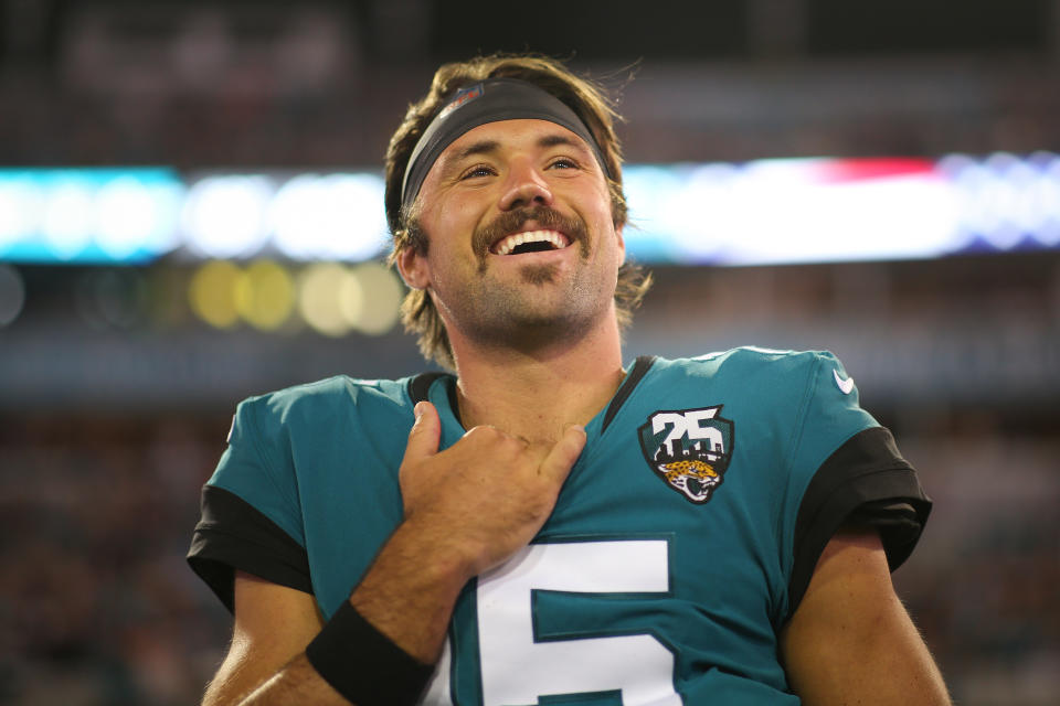 JACKSONVILLE, FLORIDA - SEPTEMBER 19: Gardner Minshew #15 of the Jacksonville Jaguars looks on before the start of a game against the Tennessee Titans at TIAA Bank Field on September 19, 2019 in Jacksonville, Florida. (Photo by James Gilbert/Getty Images)