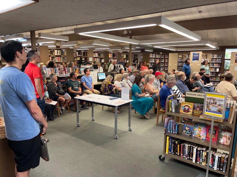 Residents met with city officials and wildlife experts at the Sierra Madre Public Library to discuss ways to approach the potential dangers of increased bear encounters on Sept. 16, 2023. (KTLA)