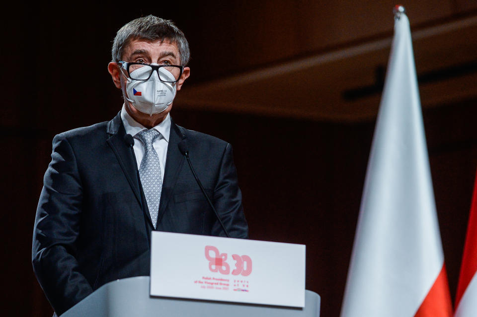 KRAKOW, POLAND - FEBRUARY 17: The Prime Minister of Czech Republic, Andrzej Babis speaks at the press conference during the 30th Anniversary of the Visegrad group on February 17, 2021 in Krakow, Poland. The heads of state of Poland, Hungary, Slovakia, the Czech Republic and the President of the European Council, Charles Michel meet on the occasion of the 30th anniversary of the Visegrad Group. (Photo by Omar Marques/Getty Images)