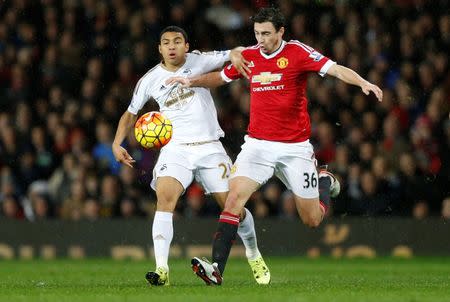 Football Soccer - Manchester United v Swansea City - Barclays Premier League - Old Trafford - 2/1/16 Manchester United's Matteo Darmian in action with Swansea's Jefferson Montero Action Images via Reuters / Carl Recine Livepic