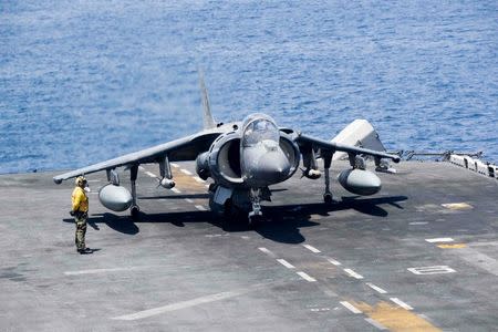 An AV-8B Harrier II prepares to launch from the amphibious assault ship USS Boxer to conduct missions in support of Operation Inherent Resolve (U.S. military's operational name for the intervention against the Islamic State of Iraq and the Levant, ISIL), in the Arabian Gulf, June 16, 2016. Mass Communication Specialist 3rd Class Brett Anderson/U.S. Navy/Handout via Reuters